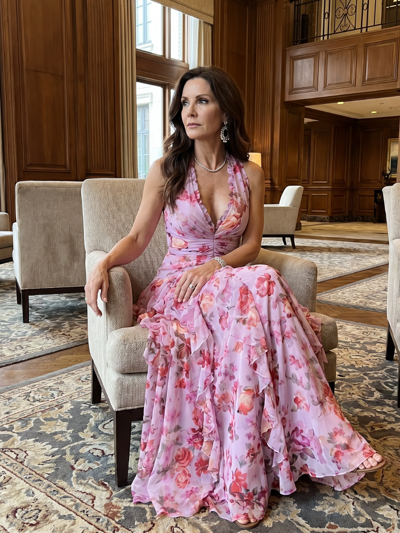Nori | Sleeveless Floral Maxi Dress with Americana Neckline and Ruched Bodice