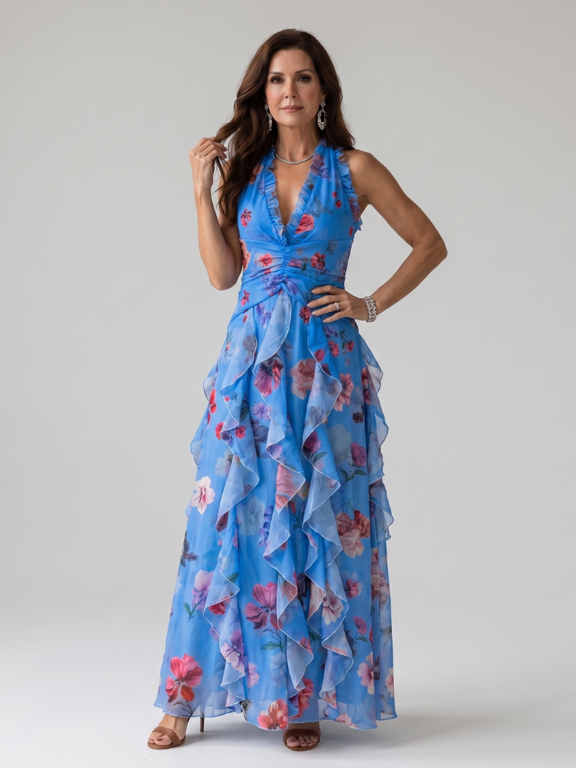 Nori | Sleeveless Floral Maxi Dress with Americana Neckline and Ruched Bodice