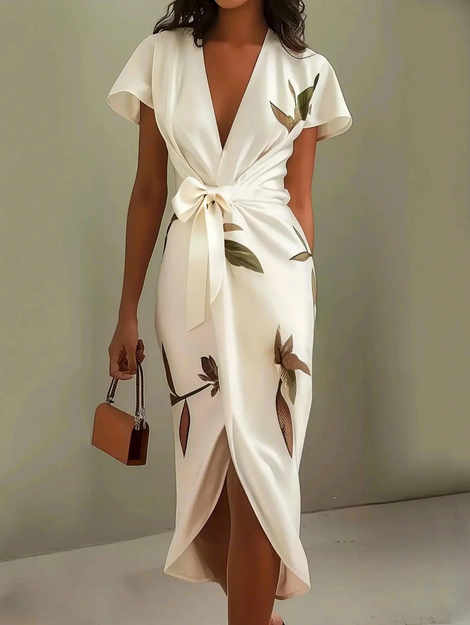 Emma | White Leaf Short Sleeve Satin Wrap Sheath Midi Dress