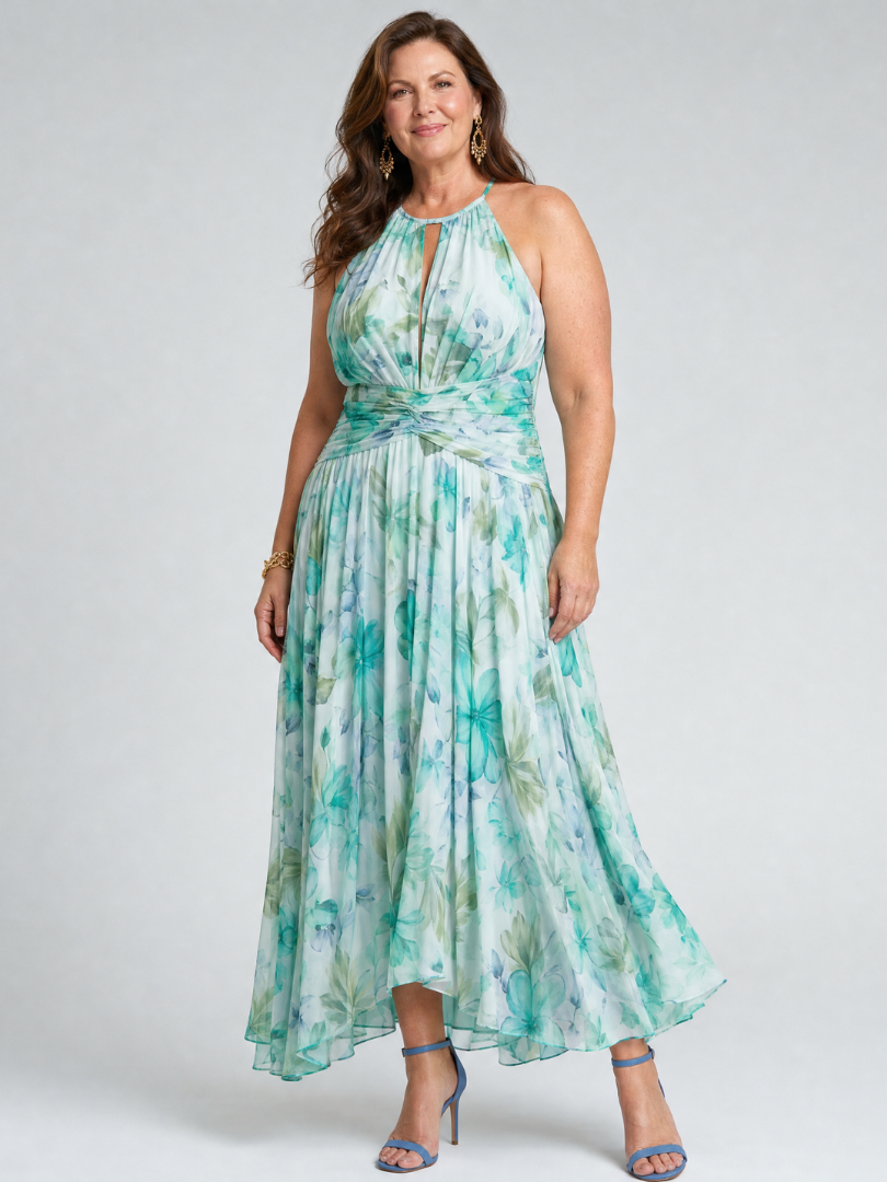 Portia | Pleated Midi Halter Dress with Delicate Floral Print
