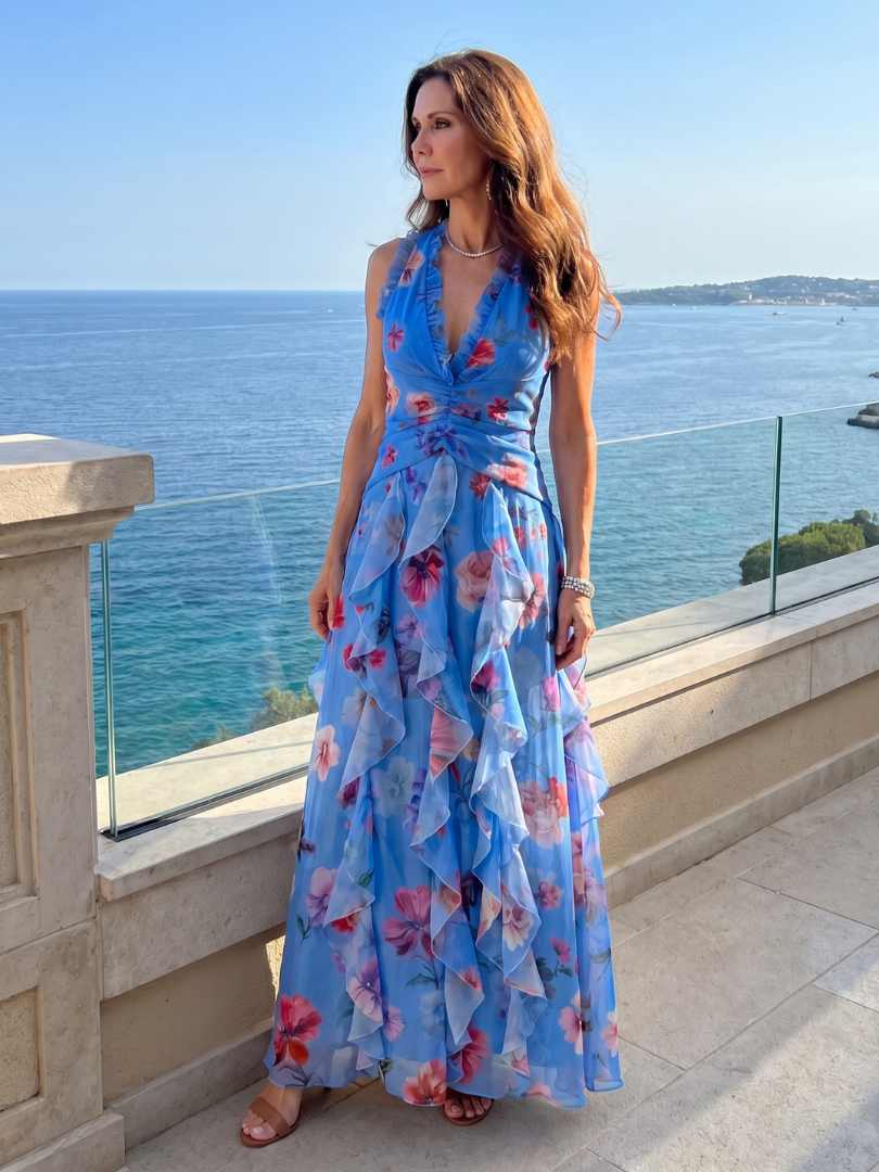 Nori | Sleeveless Floral Maxi Dress with Americana Neckline and Ruched Bodice