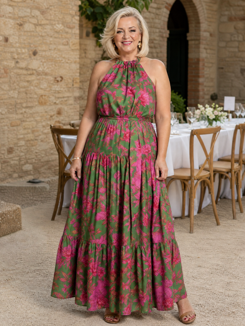 Rowen | Halter Neck Midi Dress with Draped Design