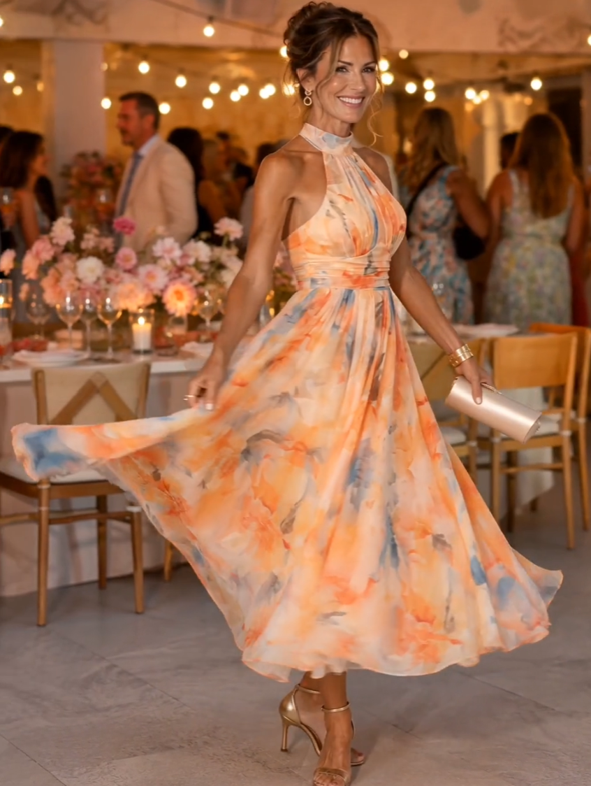 Aurora | Halter Neck Maxi Dress with Watercolor Print