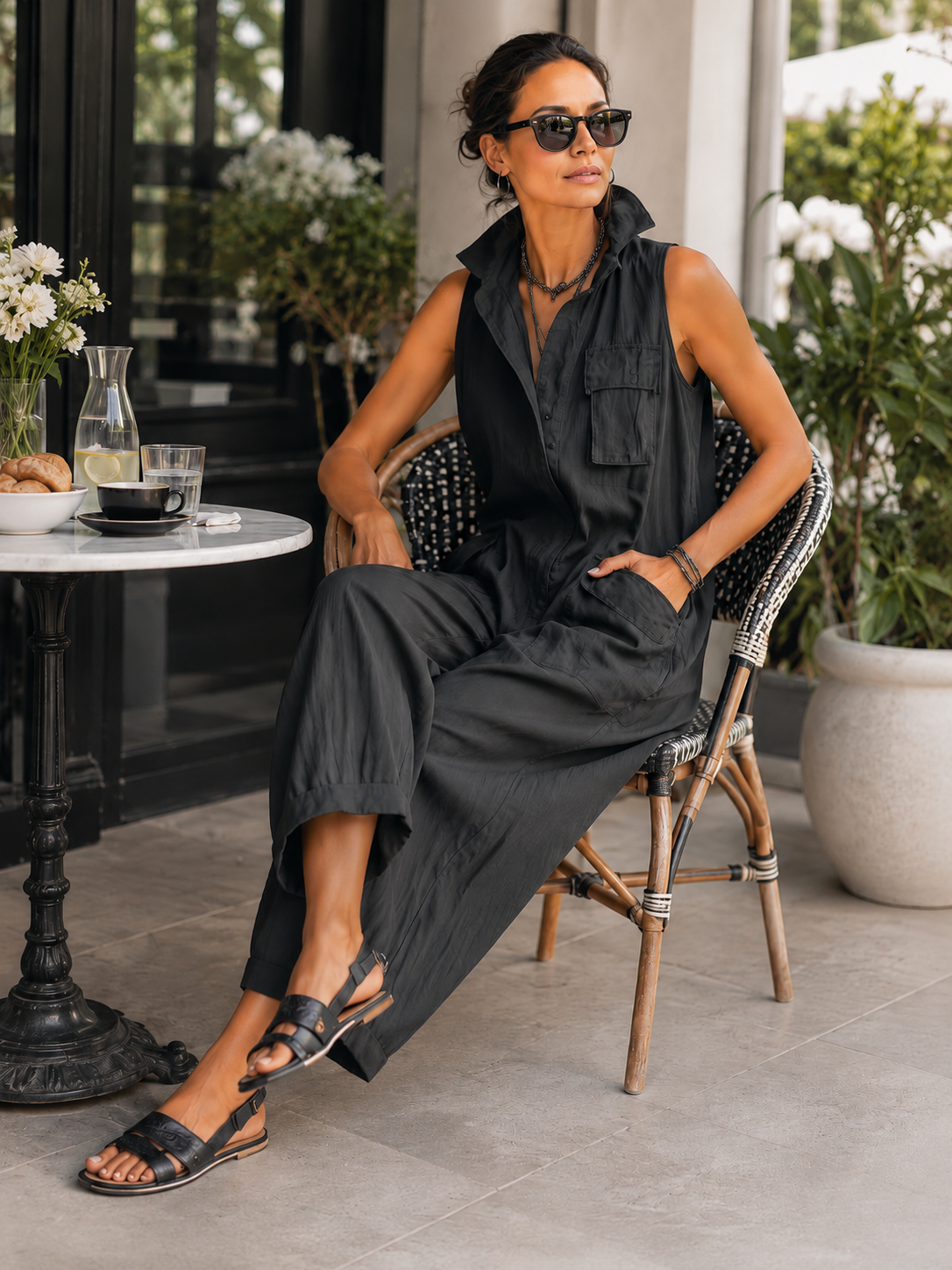 Olaya | Black Sleeveless Utility Wide-Leg Jumpsuit