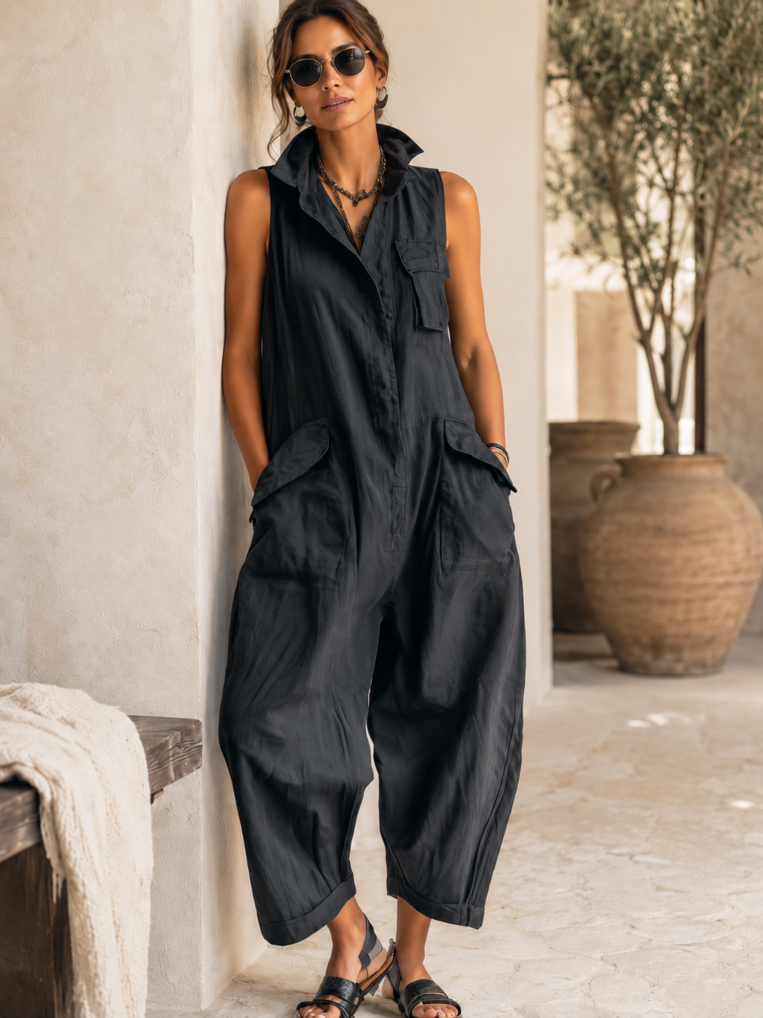 Olaya | Black Sleeveless Utility Wide-Leg Jumpsuit