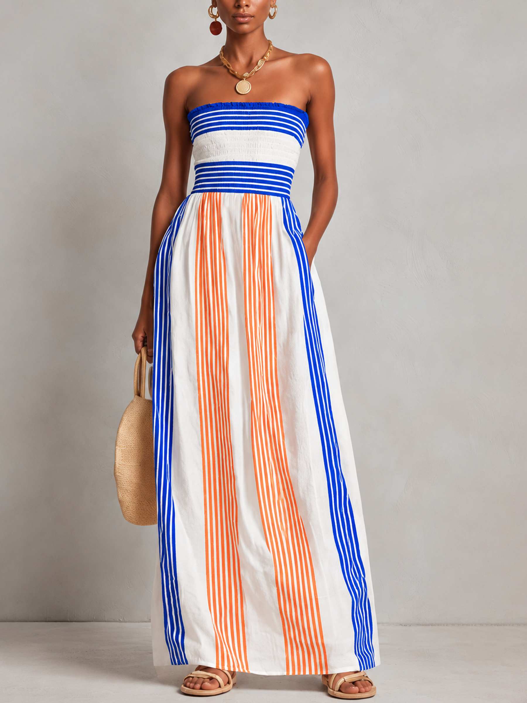 Colorful | Striped Smocked Strapless Maxi Dress