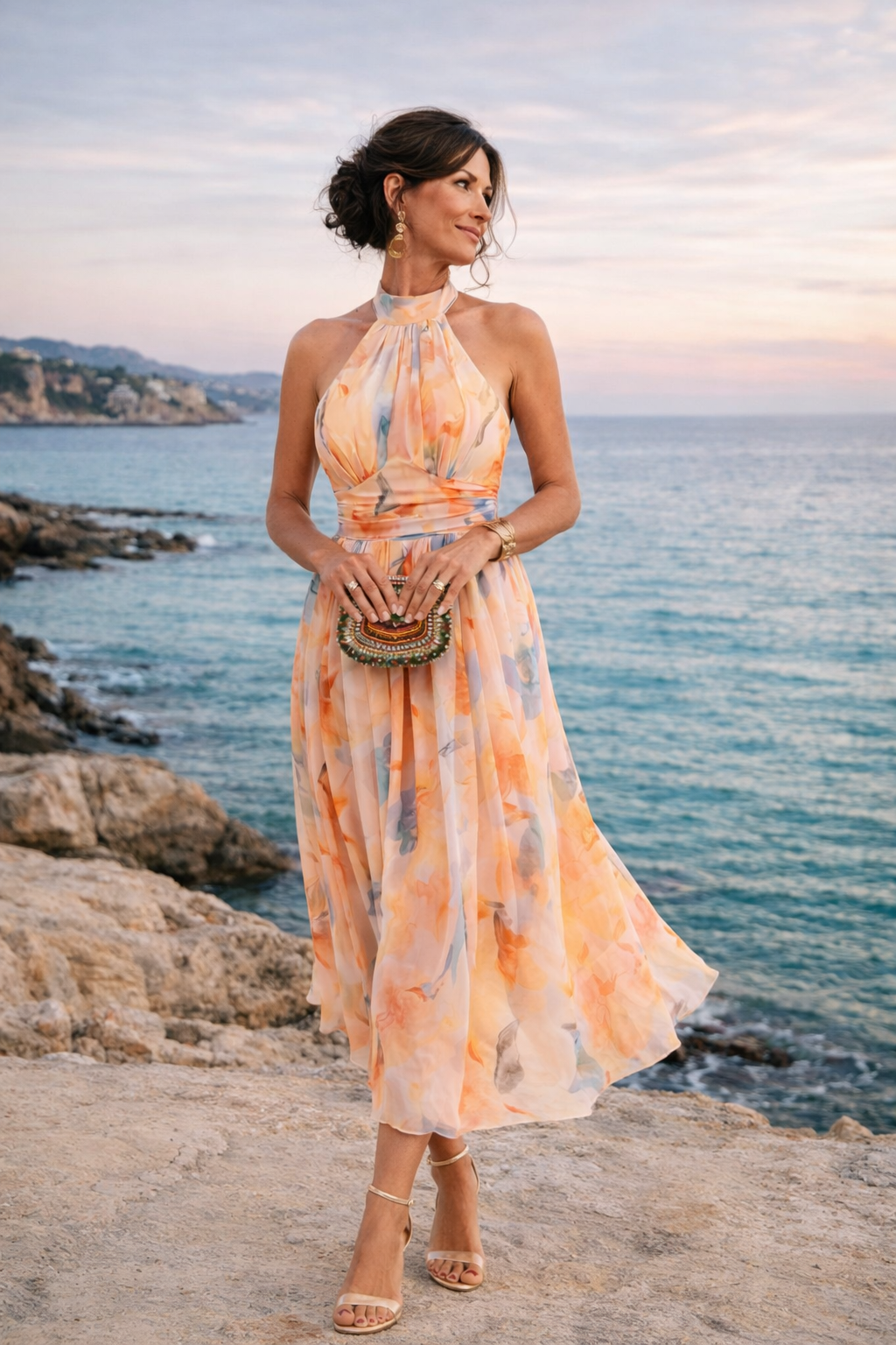 Aurora | Halter Neck Maxi Dress with Watercolor Print