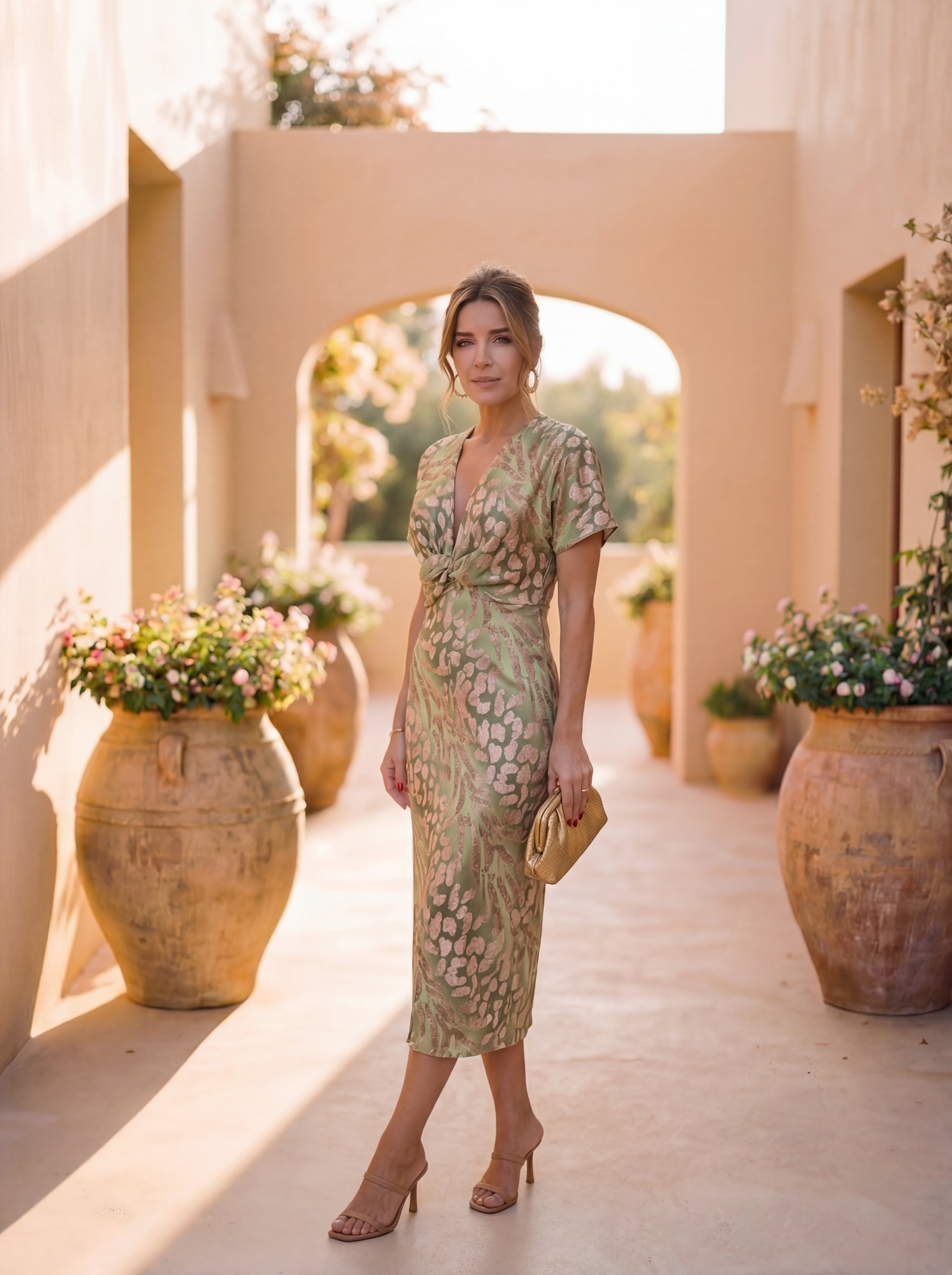 Flattering Midi Dress with Central Knot and Flowing Silhouette