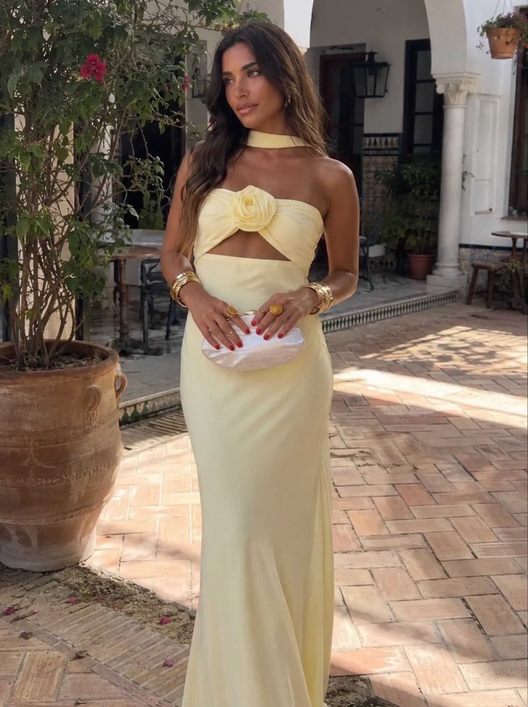 Rose Corsage Maxi Halter Dress