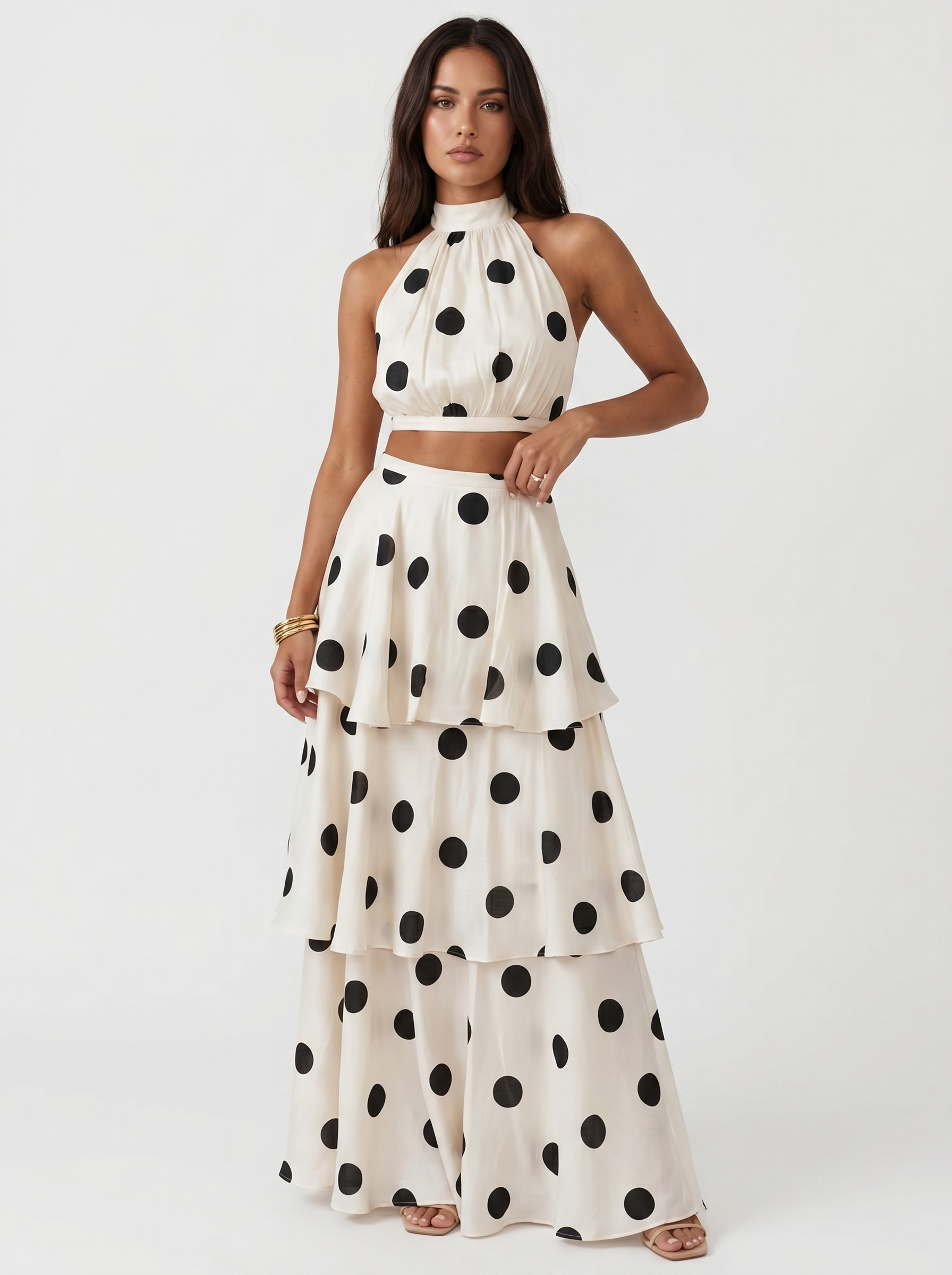 Polka Dot Blouse and Maxi Skirt Ensemble