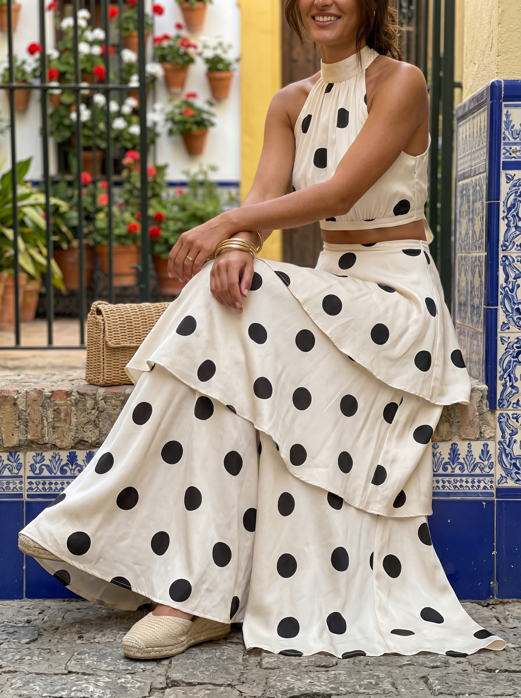 Polka Dot Blouse and Maxi Skirt Ensemble