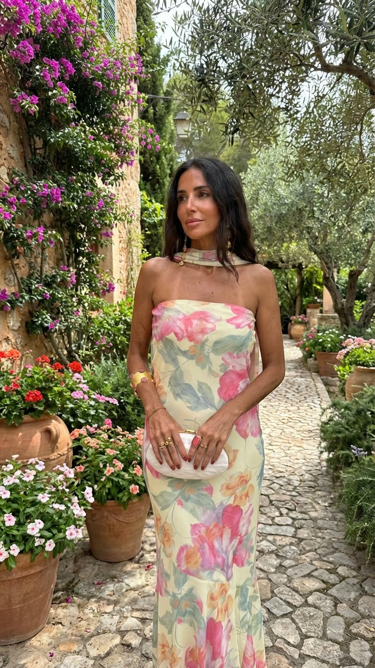 Flowy Floral Watercolor Maxi Dress with Strapless Design
