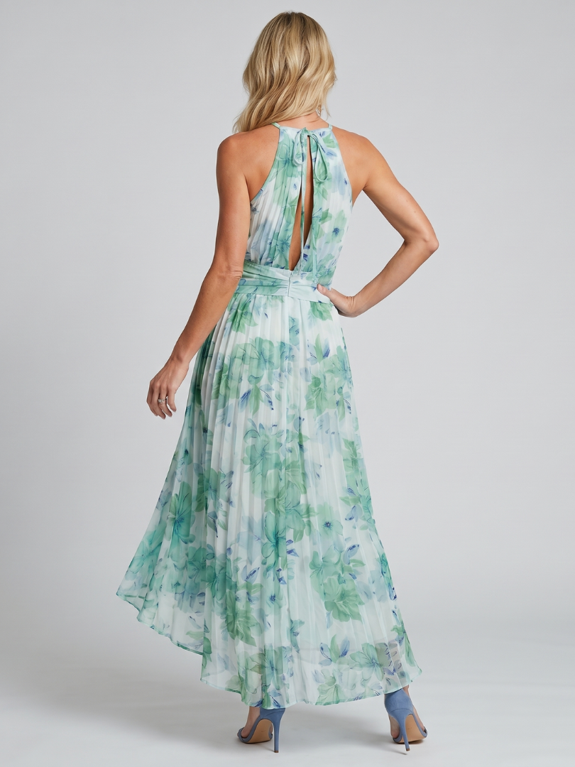 Portia | Pleated Midi Halter Dress with Delicate Floral Print