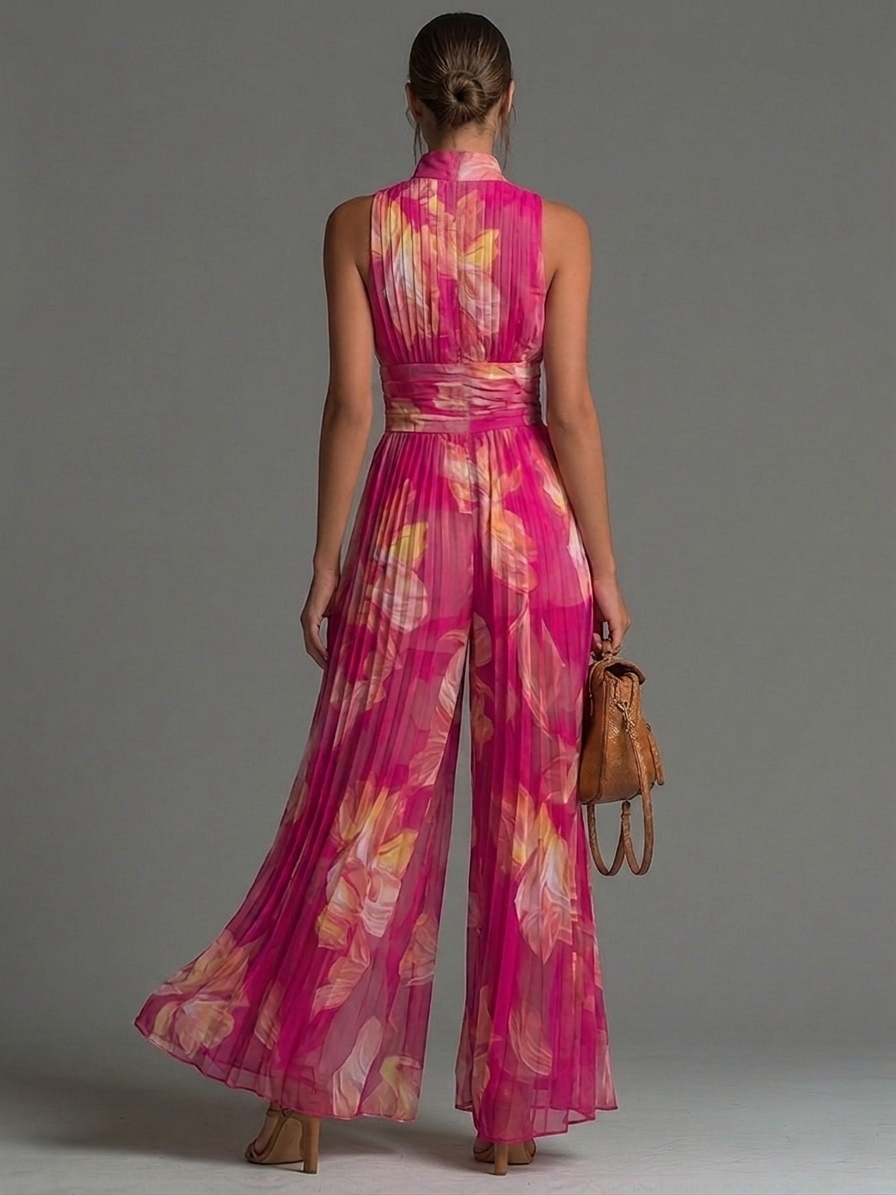 Nicole | Pleated Chiffon Jumpsuit with Fuchsia Floral Print