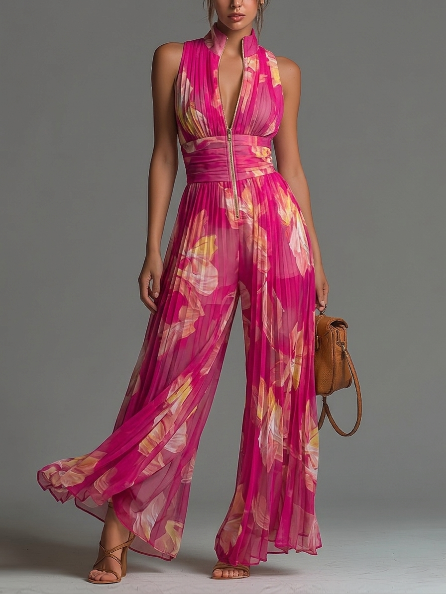 Nicole | Pleated Chiffon Jumpsuit with Fuchsia Floral Print