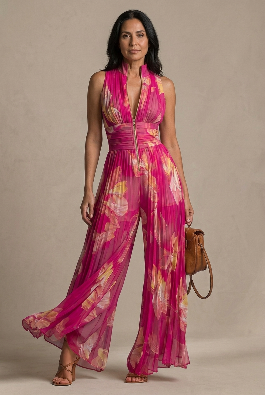 Nicole | Pleated Chiffon Jumpsuit with Fuchsia Floral Print