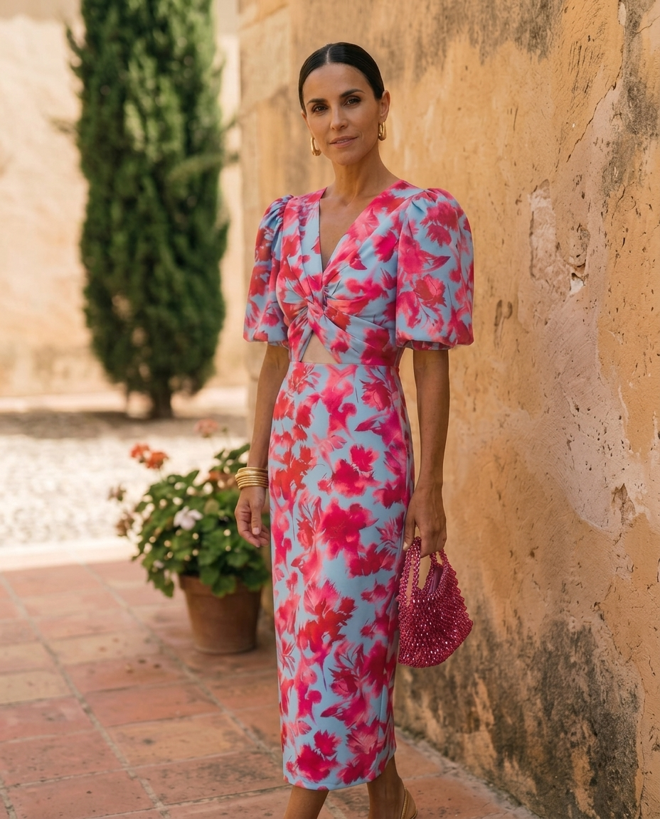 Carla | Puff Sleeve Printed Midi Dress