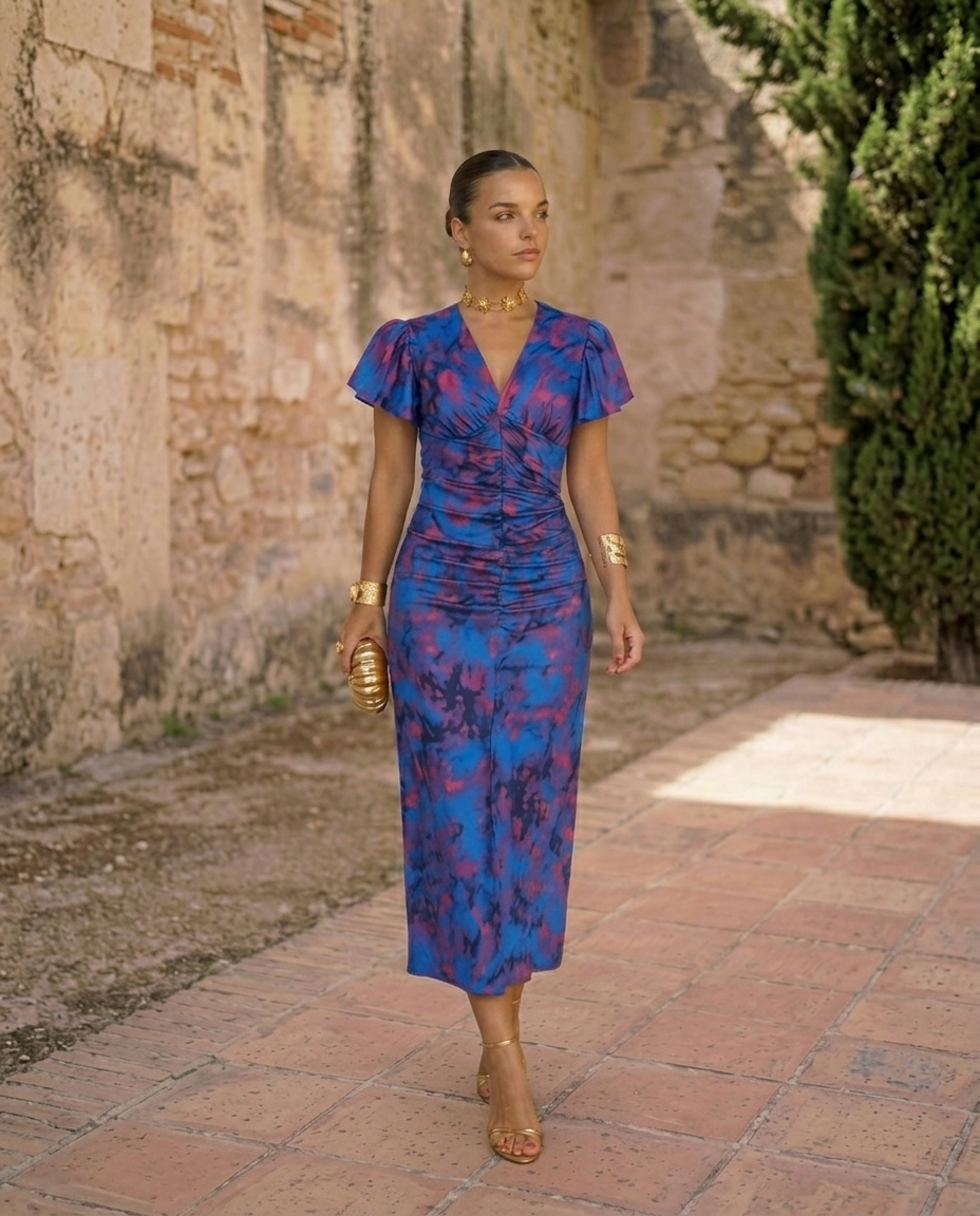 Carla | Puff Sleeve Printed Midi Dress