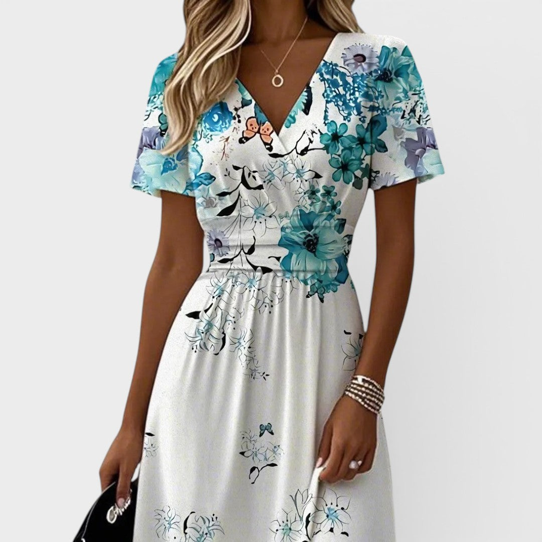 Seraphina | Midi Dress with Blue Floral Flutter Sleeves